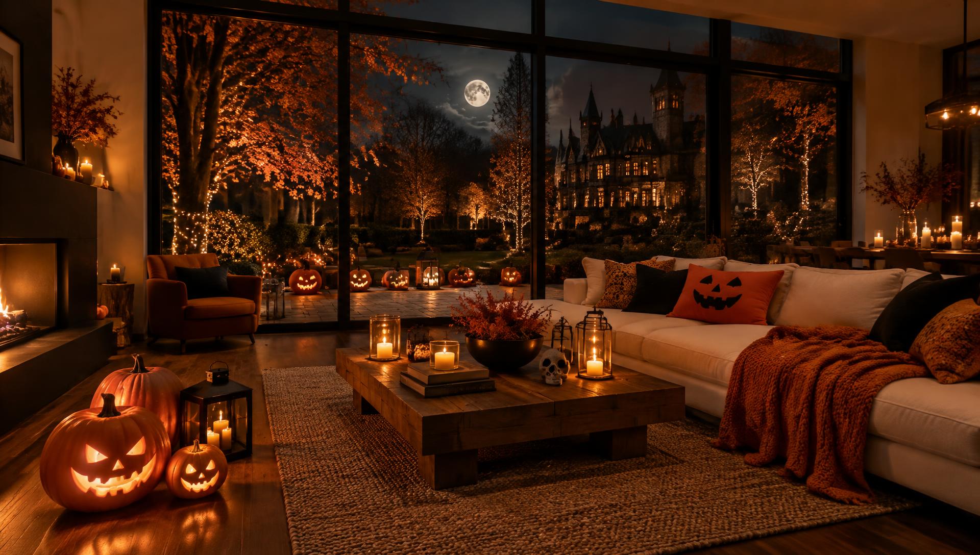 Luxury living room decorated for Halloween with candles, pumpkins and a moonlit garden view