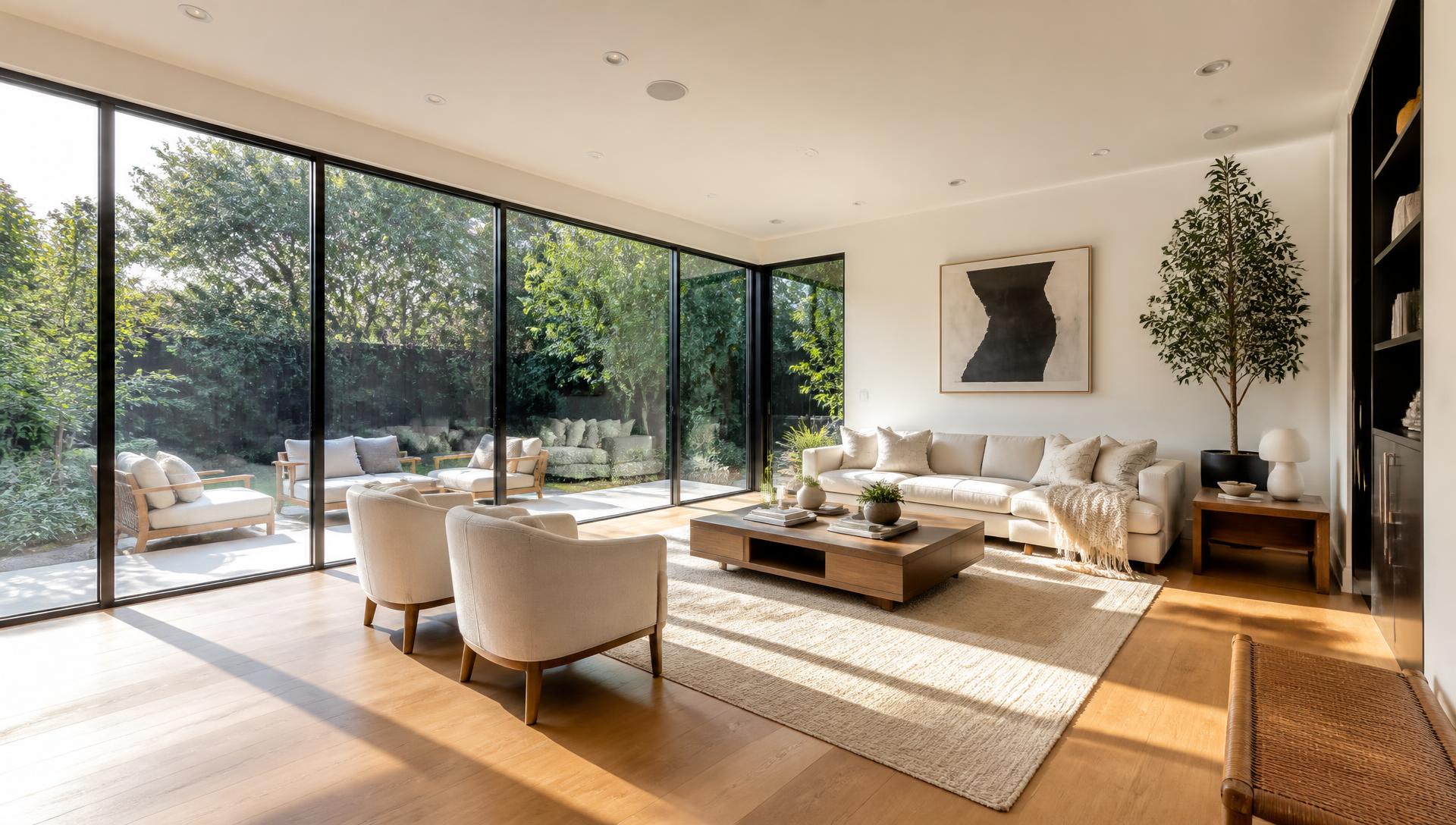 Sunlit modern living room with floor-to-ceiling windows and oak floors